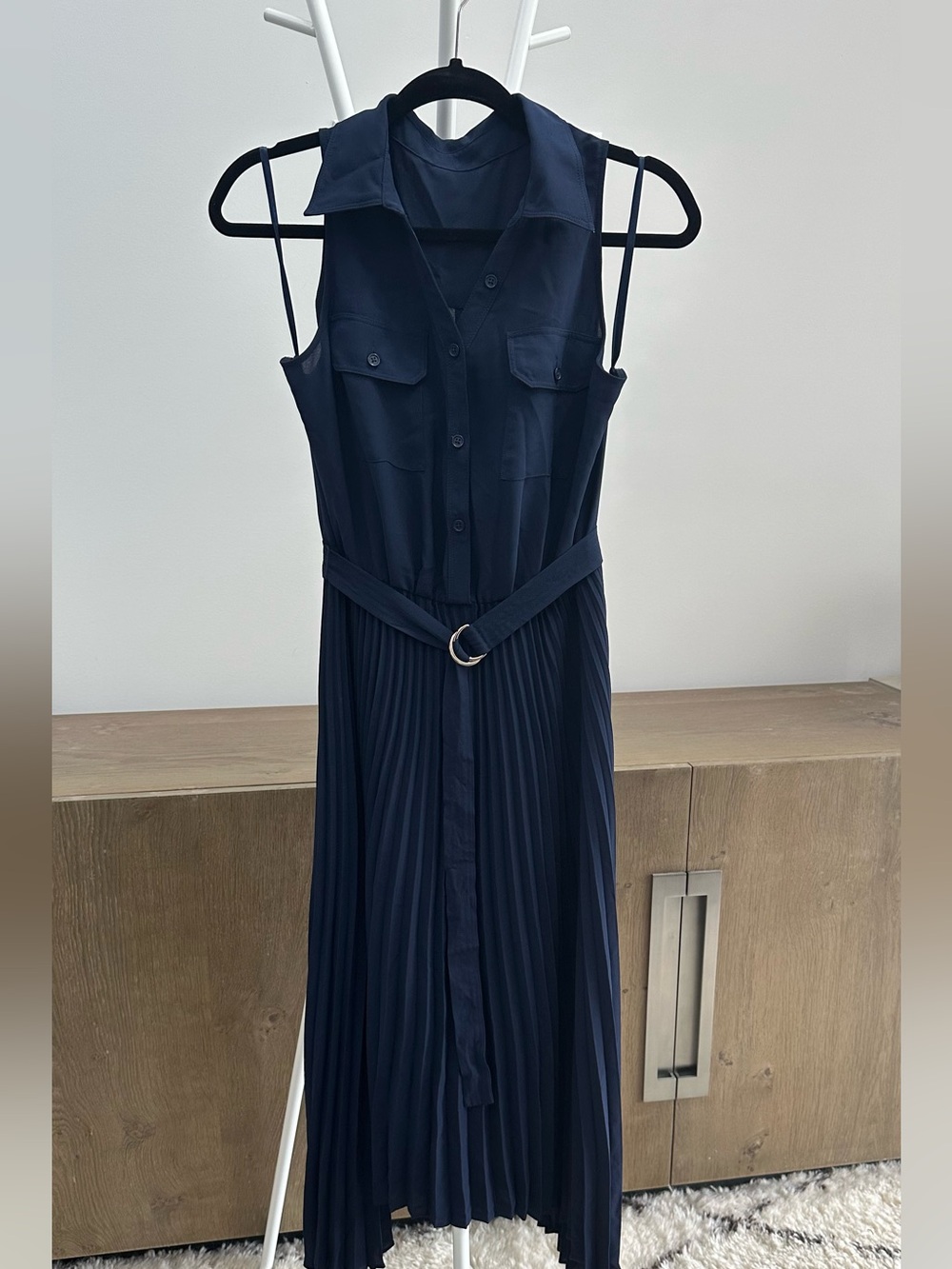 White House Black Market Navy Sleeveless Pleated Maxi Dress with Belt